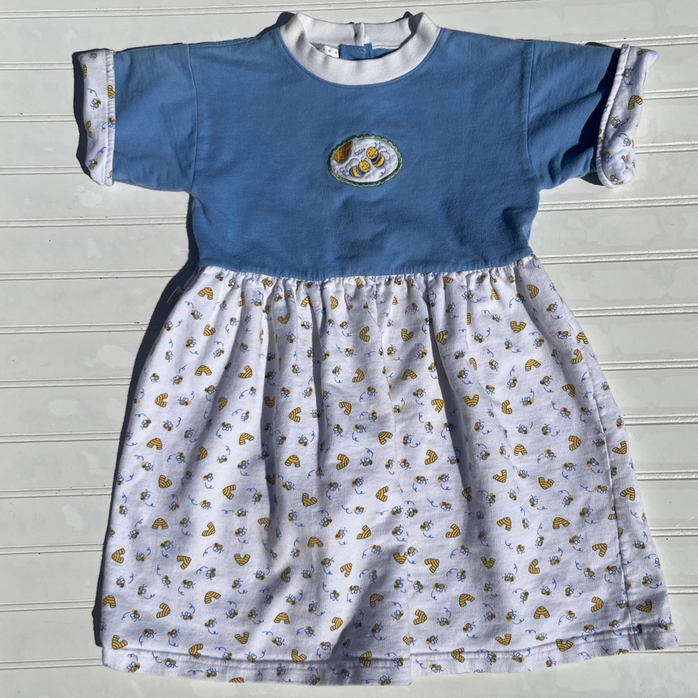 Vintage Abaco Kids Bumblebee Embroidered Cotton Dress Blue White Size L 6Yrs
